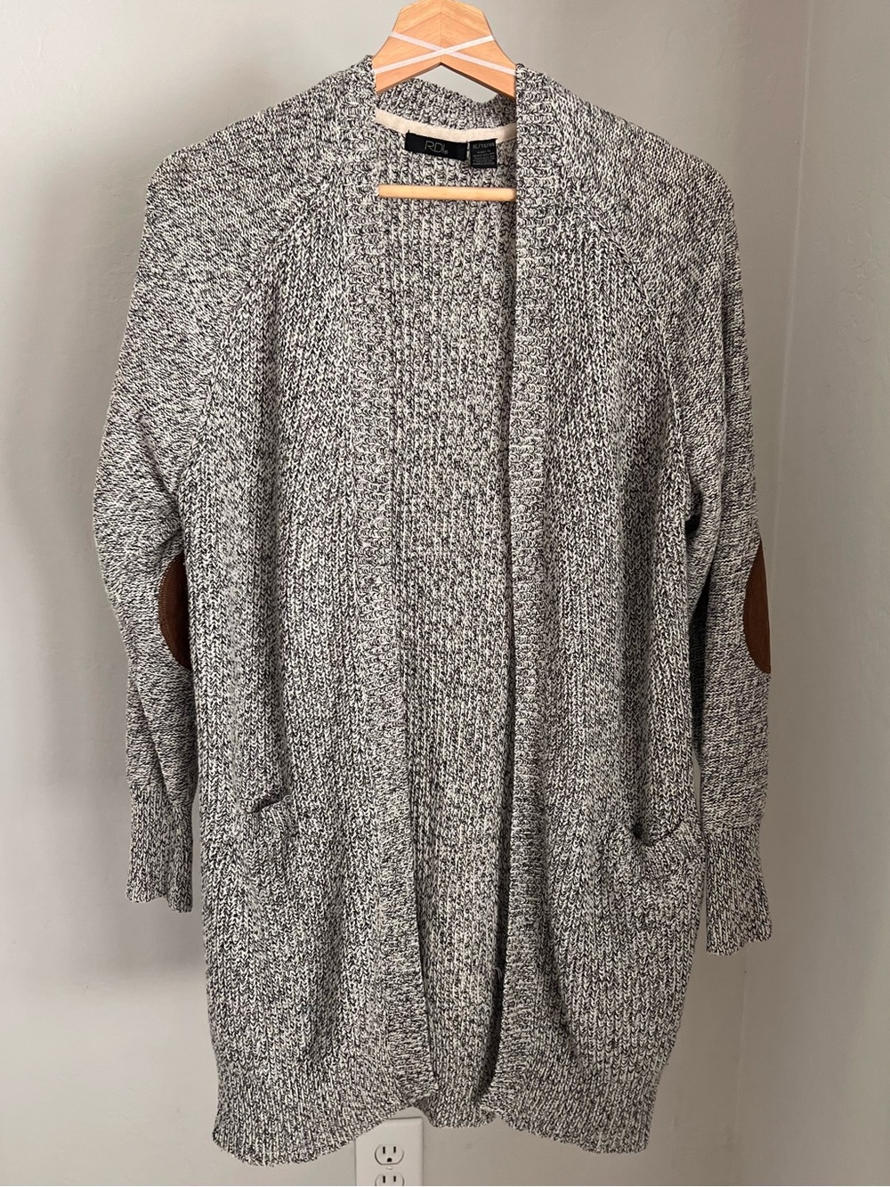 RDI Gray Marled Open Cardigan duster with Brown Elbow Patches